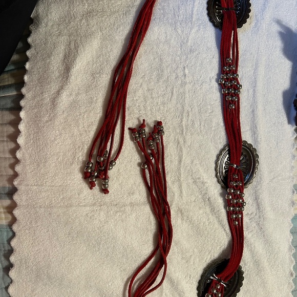 Southwestern Red Leather Concho Belt with Beads Tassell Tie Waist - Picture 3 of 5